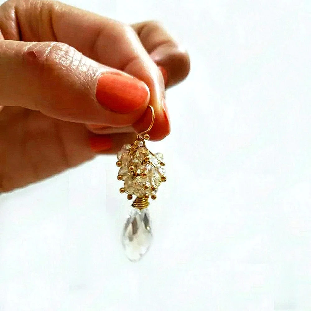Chandelier style crystal earrings w/seed pearl clusters - Picture 2 of 4